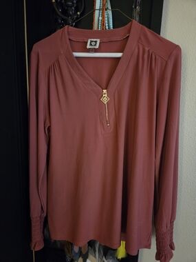 Anne Klein Rust Pink Long-Sleeve Zip-Front Top